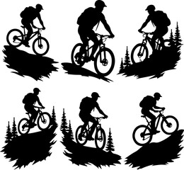 Fototapeta premium Mountain Biker Silhouette Riding Through Forest Trails Illustration