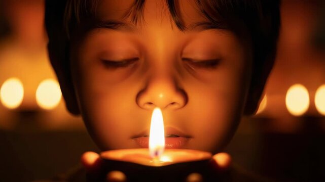 Child s Awe Close-Up of Boy Holding a Lit Diya During Diwali Celebration, Deepavali Festivities, Indian Culture