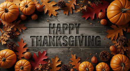 Happy thanksgiving text on a rustic wooden background with pumpkins and autumn leaves