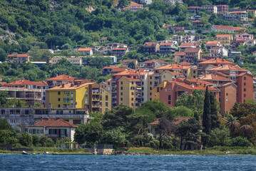 Fototapeta premium Buildings in Skaljari town, Kotor Bay on Adriatic Sea, Montenegro