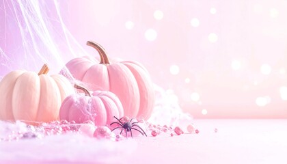 Halloween pastel pink wallpaper with glowing pumpkins cobwebs and sparkling gradient