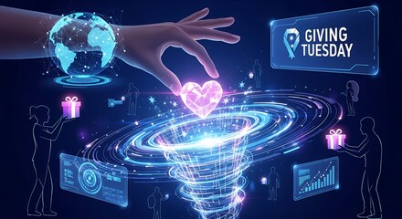 A digital hand places a glowing heart above a swirling vortex of light, symbolizing Giving Tuesday with figures holding gifts and a holographic globe.