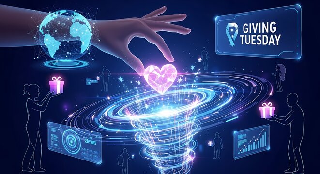 A digital hand places a glowing heart above a swirling vortex of light, symbolizing Giving Tuesday with figures holding gifts and a holographic globe.