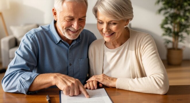 Senior couple signing a real estate contract for a new house. Happy elderly man and woman buying property for investment.