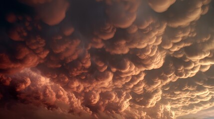 Glowing mammatus storm clouds at sunset with dramatic texture