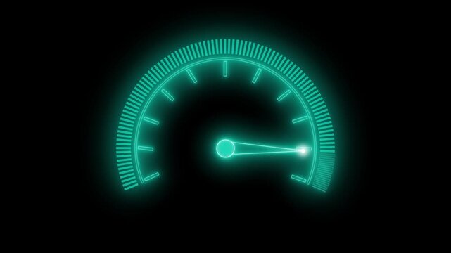 Neon light Glowing speedometer gauge animation on black background, needle at midpoint