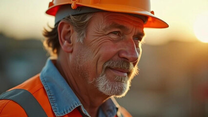Middle aged construction worker with orange hardhat. 