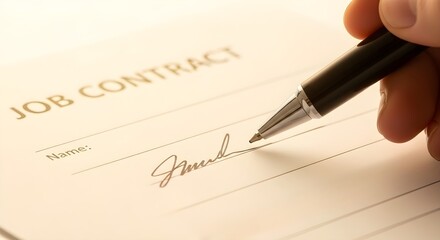 A close-up shot shows a hand signing a job contract with a pen, emphasizing agreement and employment.