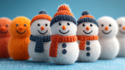 Two hybrid snowmen with half-snow, half-orange bodies standing together on a blue background, creative winter citrus concept, 4K ultra detail