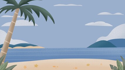Tropical beach background with palm tree, sea, and blue sky illustration