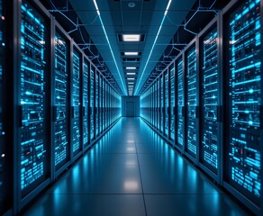 Futuristic data center corridor with glowing blue server racks for digital storage and computing