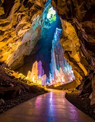 Cave interior, vibrant colors, illuminated formations