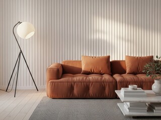 Modern minimalist living room interior with rust sofa, floor lamp, white coffee table and decorative details in Scandinavian style