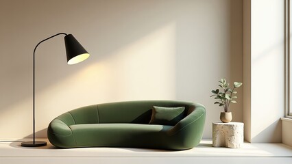Modern minimalist living room with green sofa, floor lamp, and plant decor in natural sunlight
