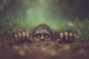 Zombie rising from the grave in spooky forest