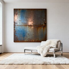 Modern minimalist living room with white chaise lounge, faux fur decor, and large abstract rust and blue wall art
