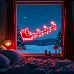 Santa’s sleigh outlined in neon light, pulled by glowing reindeer flying across a starry sky