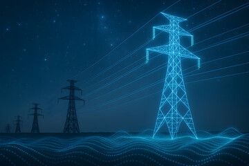 Futuristic digital illustration of electricity transmission towers with glowing power lines representing energy technology innovation smart grid infrastructure renewable electricity and automation