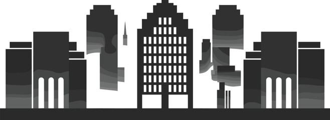 Obraz premium Black and white minimalist cityscape illustration with skyscrapers, modern office towers, urban skyline, and architectural silhouettes in contemporary design