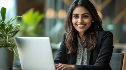 confident indian businesswoman in a blazer working on a laptop at a modern office desk surrounded by plants and natural light