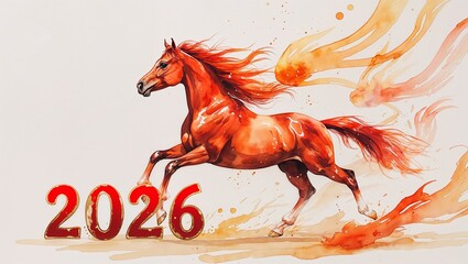 Watercolor red fire horse with 2026 and flames, New Year of the Red Fire Horse
