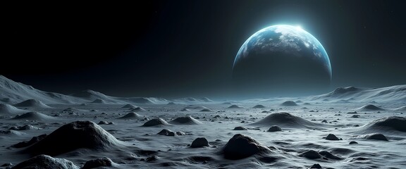 Stunning alien lunar landscape with Earthrise horizon under starlit sky, designed as an epic spaceship background 4k cosmic science fiction wallpaper
