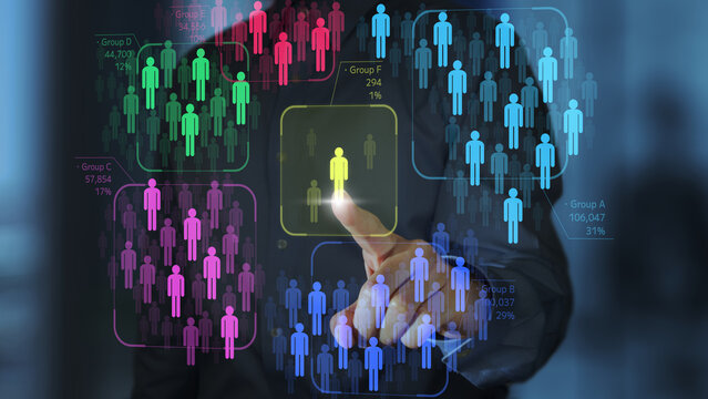 Niche marketing and segmentation strategy. Market research and statistical data. Marketer touching people icons.