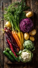 vibrant assortment of fresh colorful organic vegetables arranged on a rustic wooden board