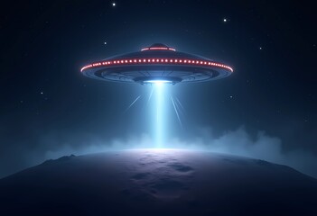 UFO hovering with glowing beam over alien planet at night sky, mysterious spaceship background 4k wallpaper art
