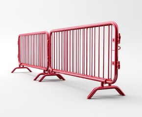 Two red metal barriers,  standing side-by-side.  Each barrier has vertical bars and  supports.  Simple design, against a plain white backdrop