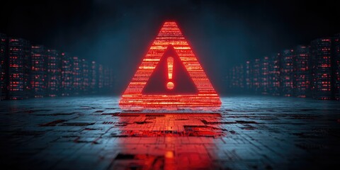 Red warning triangle over digital grid floor, ominous glowing lines