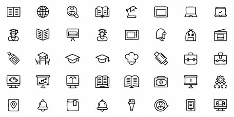 Vector collection of black and white education and business icons arranged in a grid pattern format style