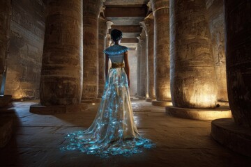 Woman in shimmering gown stands in ancient temple ruins.