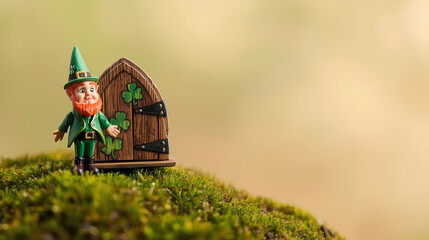 Leprechaun figurine with a wooden door on a mossy surface