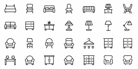 Vector a collection of furniture icons including sofas chairs beds lamps dressers and tables in a simple line style