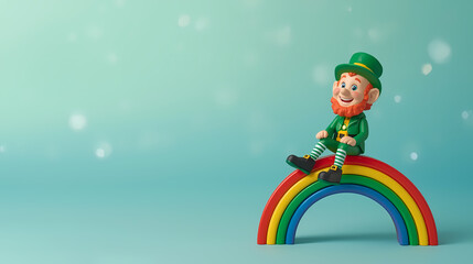 Leprechaun toy sitting on a rainbow for St. Patrick's Day