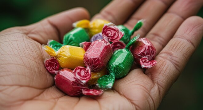 A handful of brightly colored individually wrapped candies