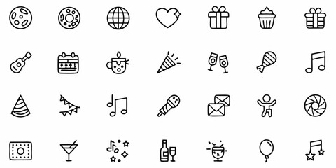 Vector illustration of various celebration icons including gifts, music, food, drinks, and party decorations