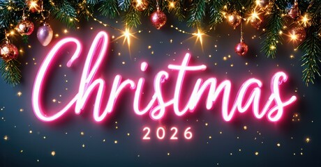 Bright pink Christmas text glows above festive decorations. Year 2026 displayed below, sparkling lights enhance holiday spirit.