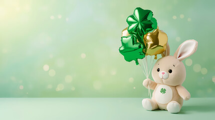St. Patrick's Day bunny with shamrock balloons