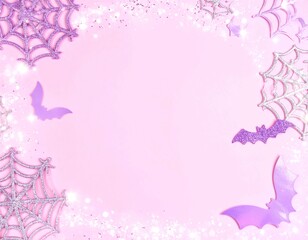 Fototapeta premium Halloween feminine pastel pink background with gothic spider webs bats and glitter