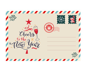 Festive Christmas Postcard Design with Decorated Christmas Tree, Holiday Gifts, Red Background, Airmail Border, and Seasonal Postage Stamp for Holiday Greetings and Winter Celebrations