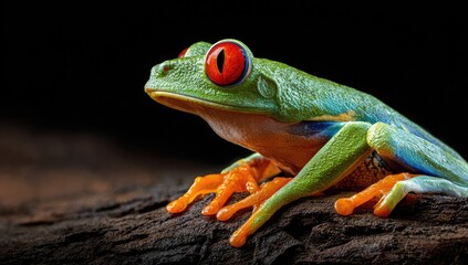 Close-up of vibrant red-eyed tree frog on a dark log