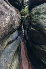 Walking trail in so called Errant Rocks in Table Mountains, Sudetes in Poland