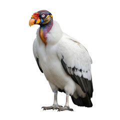 Fototapeta premium A South American king vulture stands isolated on a transparent background. It has a white body, black wings, and a colorful head with orange, yellow, and blue features.