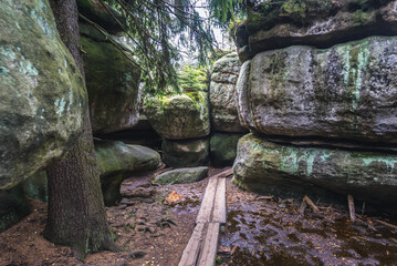 Tourist path in Bledne Skaly rock maze - tourist route in Table Mountains, Poland