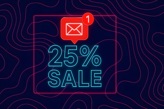 Neon 25 percent off sale banner with glowing email notification icon, digital discount promotion and special offer advertising concept, bright cyan typography and red envelope symbol on dark navy abst