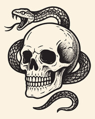 Skull entwined by snake - vintage illustration Skull with Two Swords – Hand Drawn Gothic Illustration