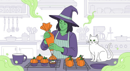a halloween witch decorating pumpkin cupcakes with orange frosting in a kitchen with a white cat for spooky holiday baking.