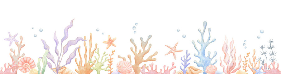 Seamless border with watercolor coral, floral seaweed, ocean life, hand drawn illustration of sea ornament on isolated background. © Elena
